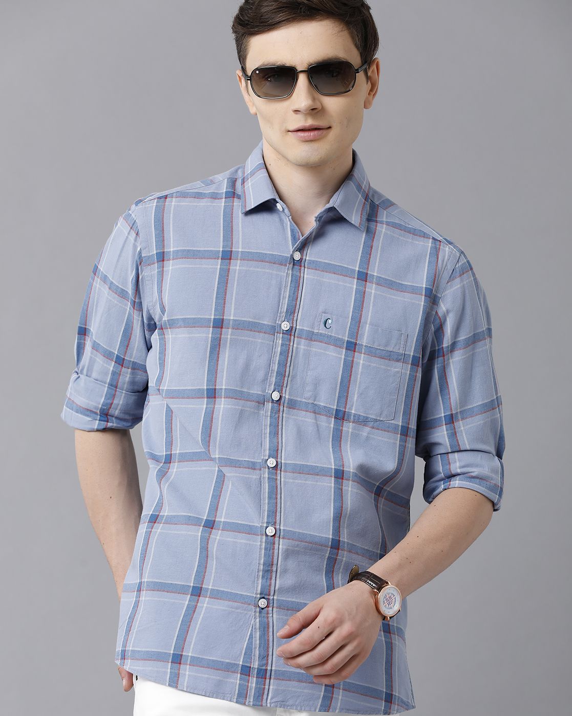 Men's Blended Linen Blue Checked Contemporary Fit Full Sleeve Sleeve Casual Shirt