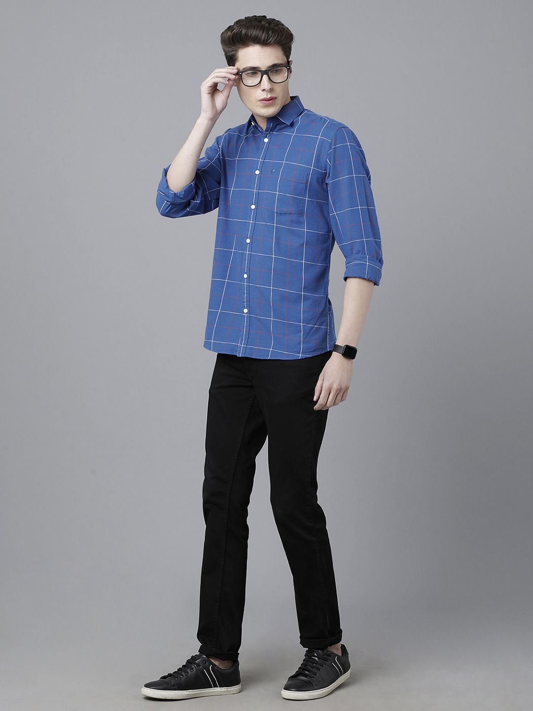 Men's Blended Linen Blue Checked Contemporary Fit Full