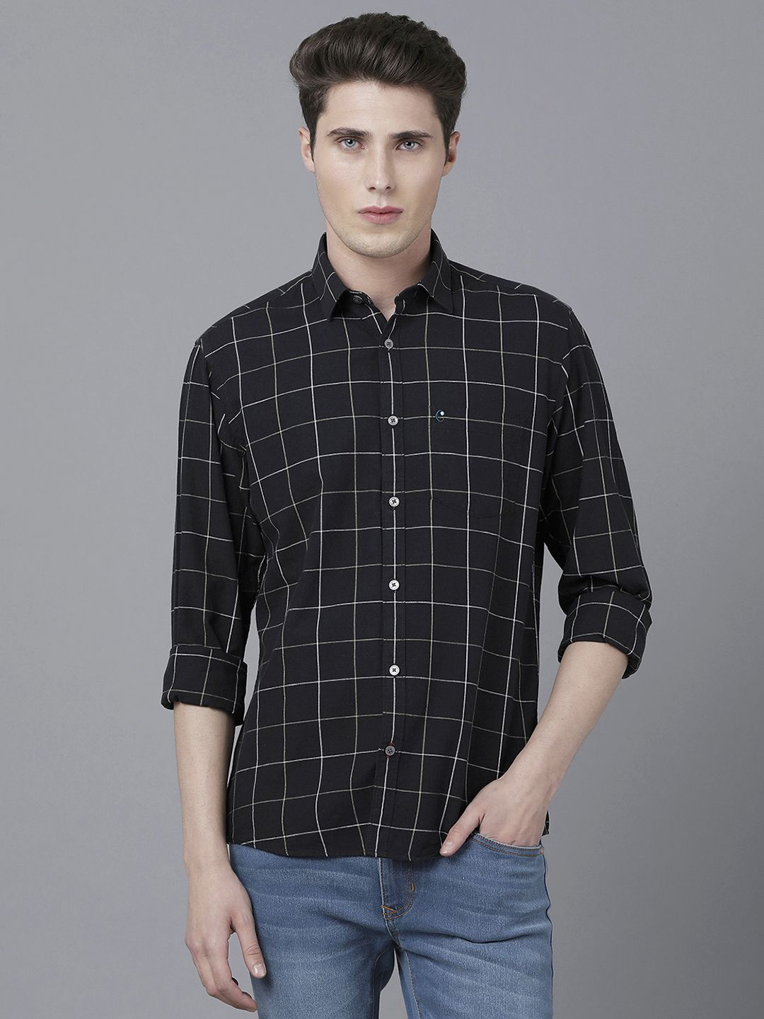 Men's Blended Linen Black Checked Contemporary Fit Full Sleeve Sleeve Casual Shirt