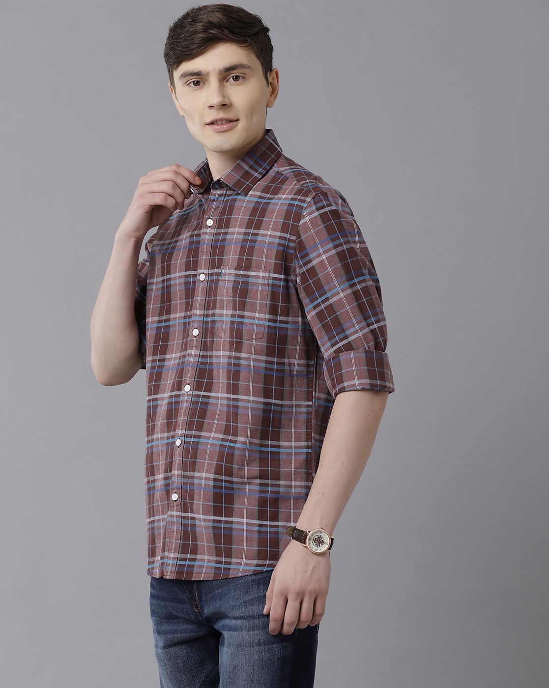 Men's Blended Linen Maroon Checked Contemporary Fit Full Sleeve Sleeve Casual Shirt