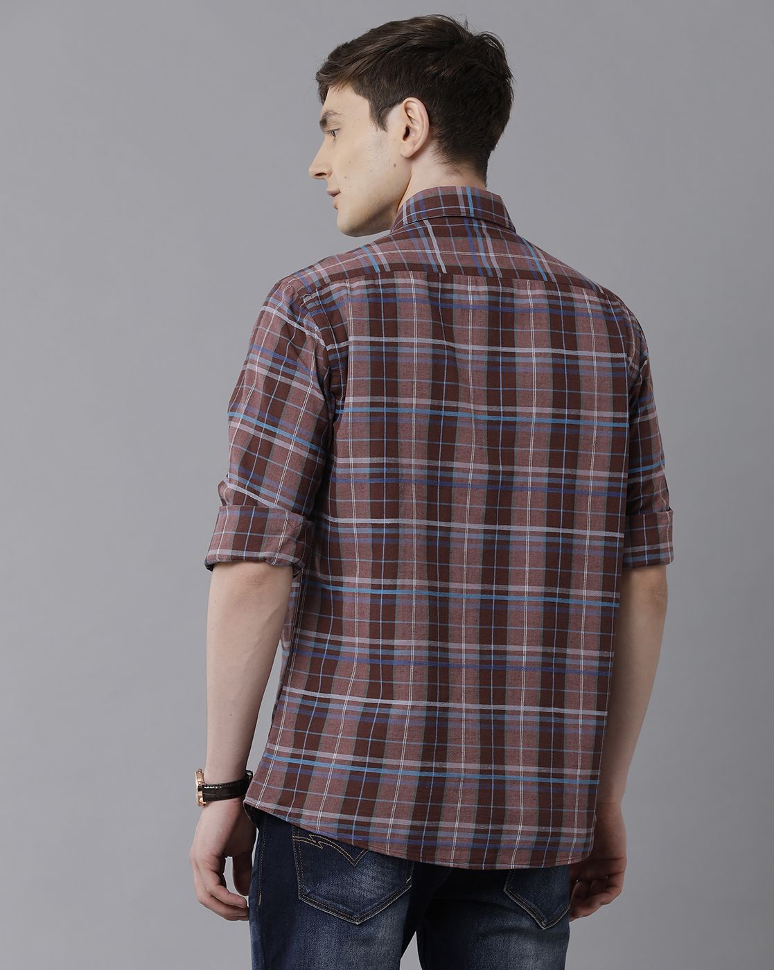 Men's Blended Linen Maroon Checked Contemporary Fit Full Sleeve Sleeve Casual Shirt