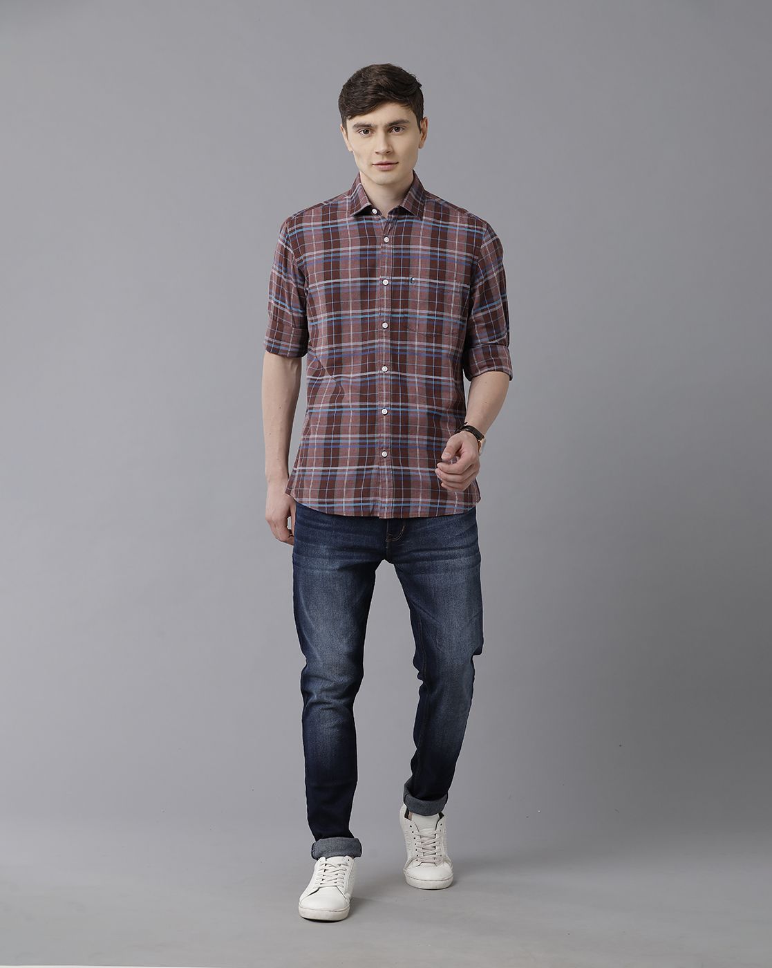 Men's Blended Linen Maroon Checked Contemporary Fit Full Sleeve Sleeve Casual Shirt