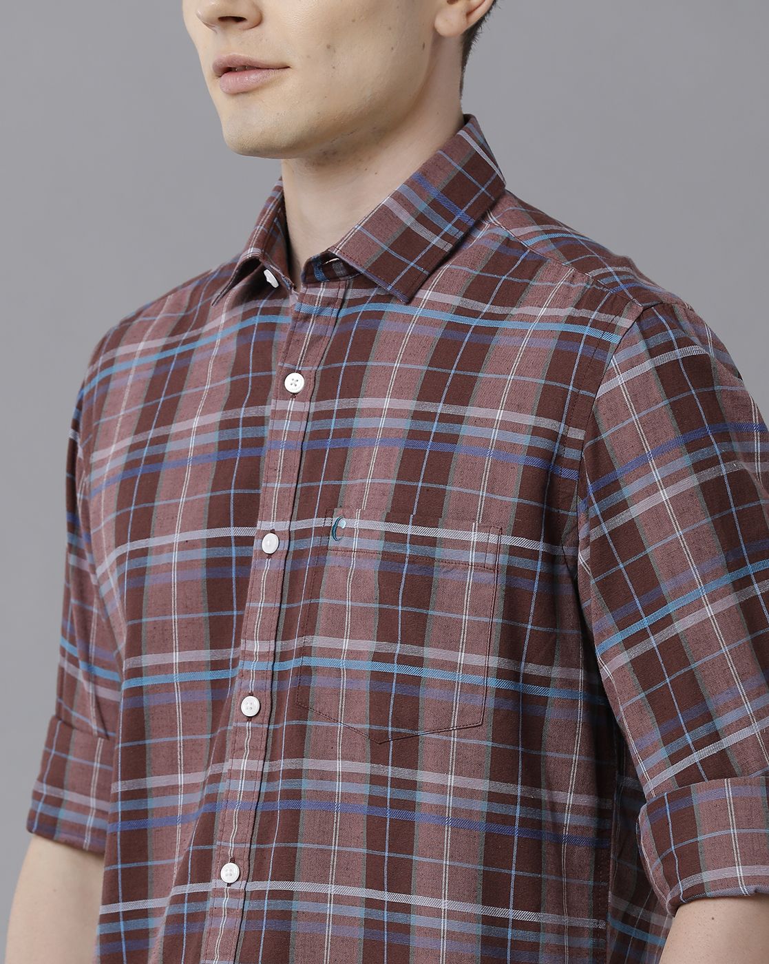 Men's Blended Linen Maroon Checked Contemporary Fit Full Sleeve Sleeve Casual Shirt