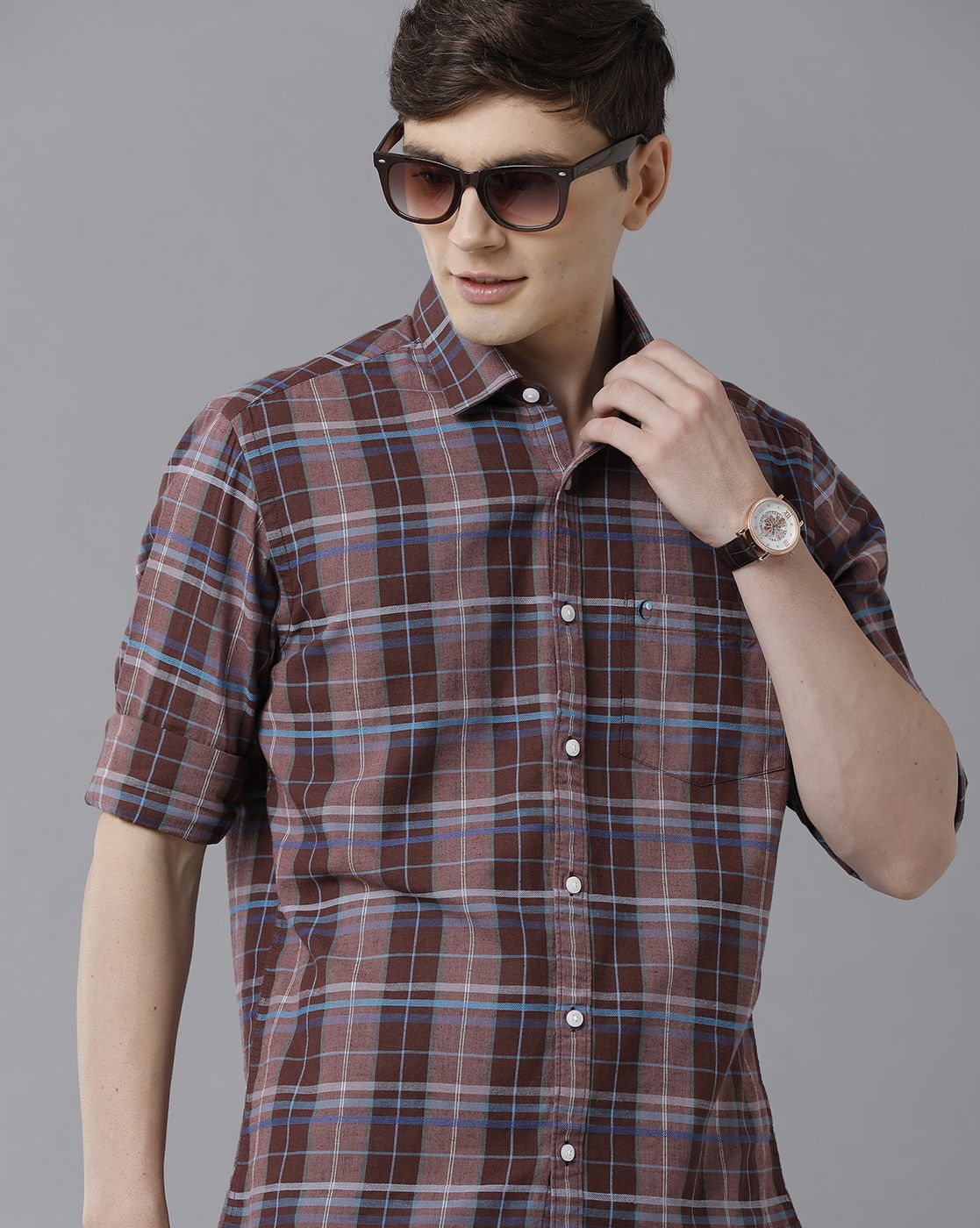 Men's Blended Linen Maroon Checked Contemporary Fit Full Sleeve Sleeve Casual Shirt