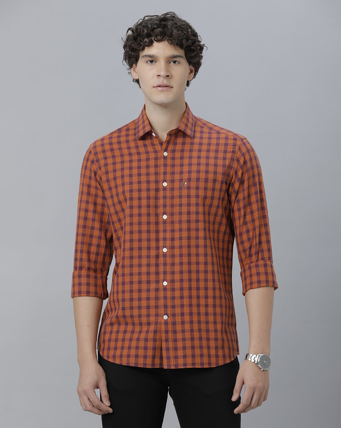 Men's Blended Linen Orange Checked Contemporary Fit Full Sleeve Sleeve Casual Shirt