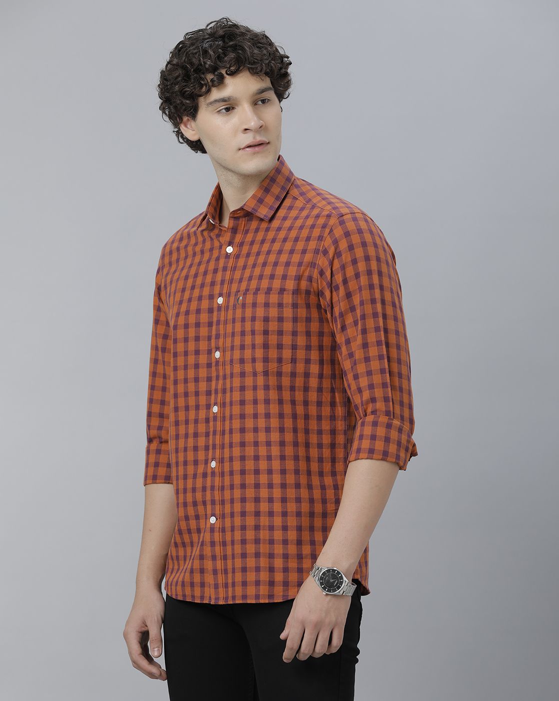 Men's Blended Linen Orange Checked Contemporary Fit Full Sleeve Sleeve Casual Shirt