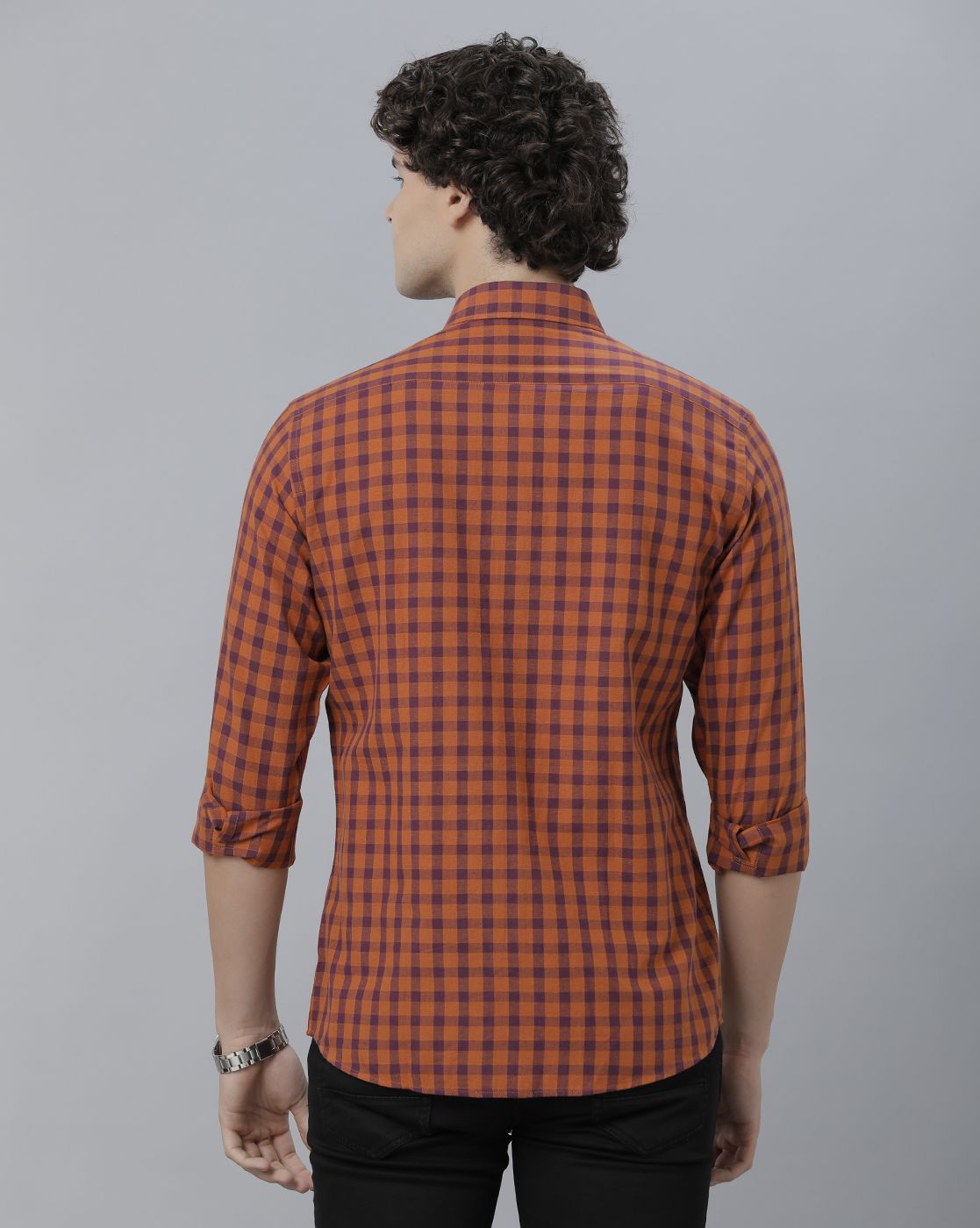 Men's Blended Linen Orange Checked Contemporary Fit Full Sleeve Sleeve Casual Shirt
