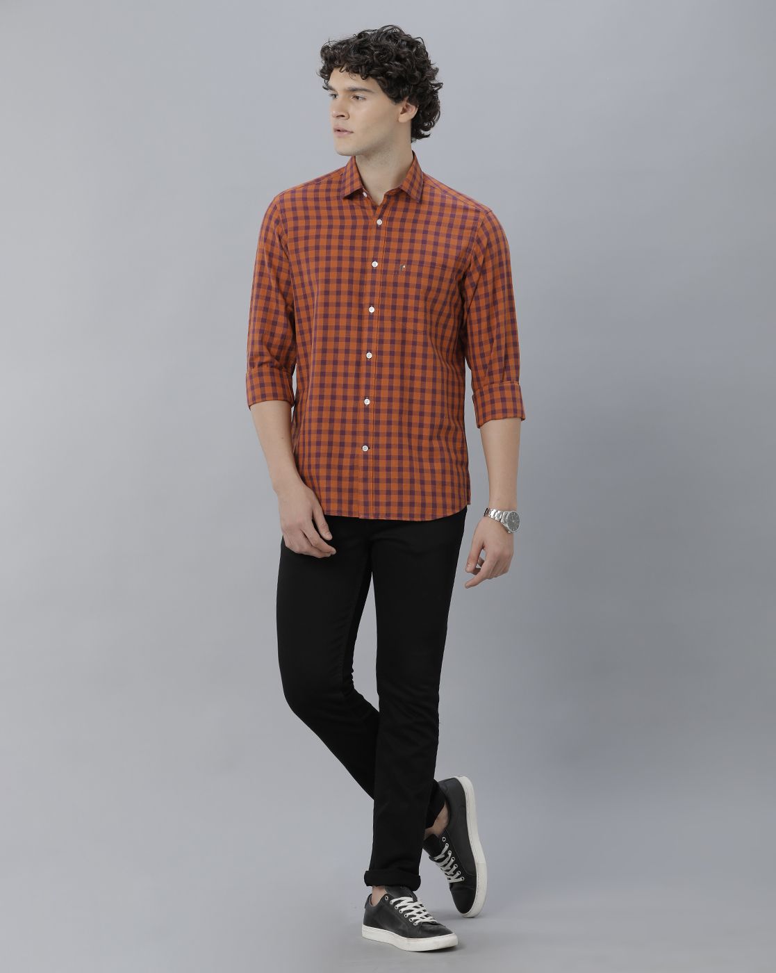 Men's Blended Linen Orange Checked Contemporary Fit Full Sleeve Sleeve Casual Shirt