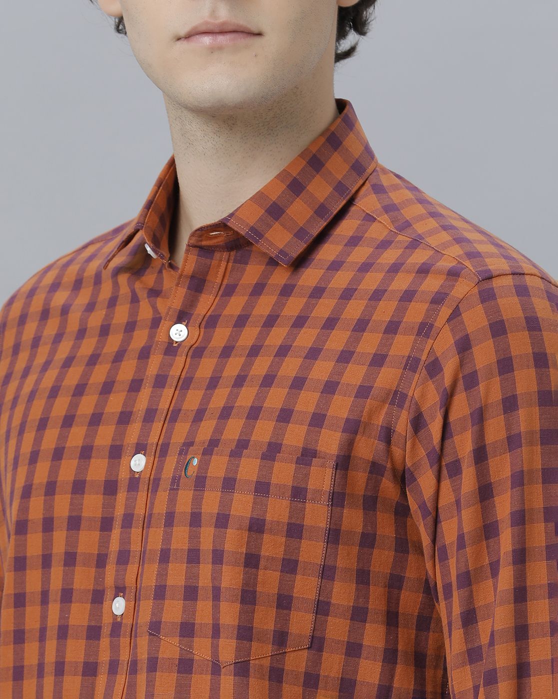 Men's Blended Linen Orange Checked Contemporary Fit Full Sleeve Sleeve Casual Shirt