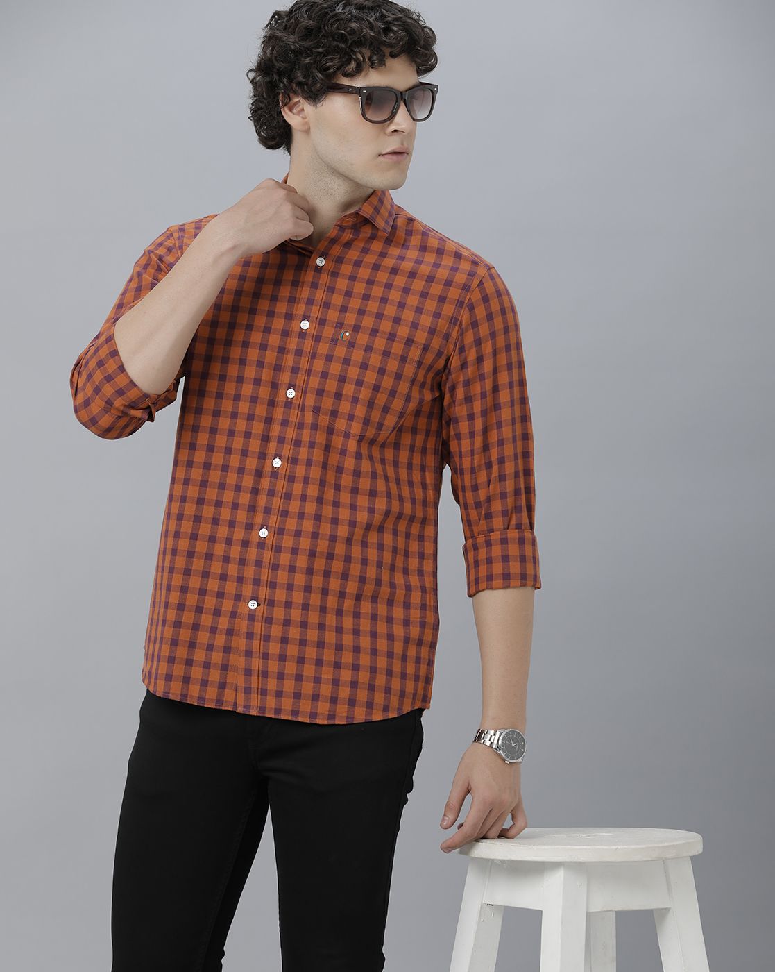 Men's Blended Linen Orange Checked Contemporary Fit Full Sleeve Sleeve Casual Shirt