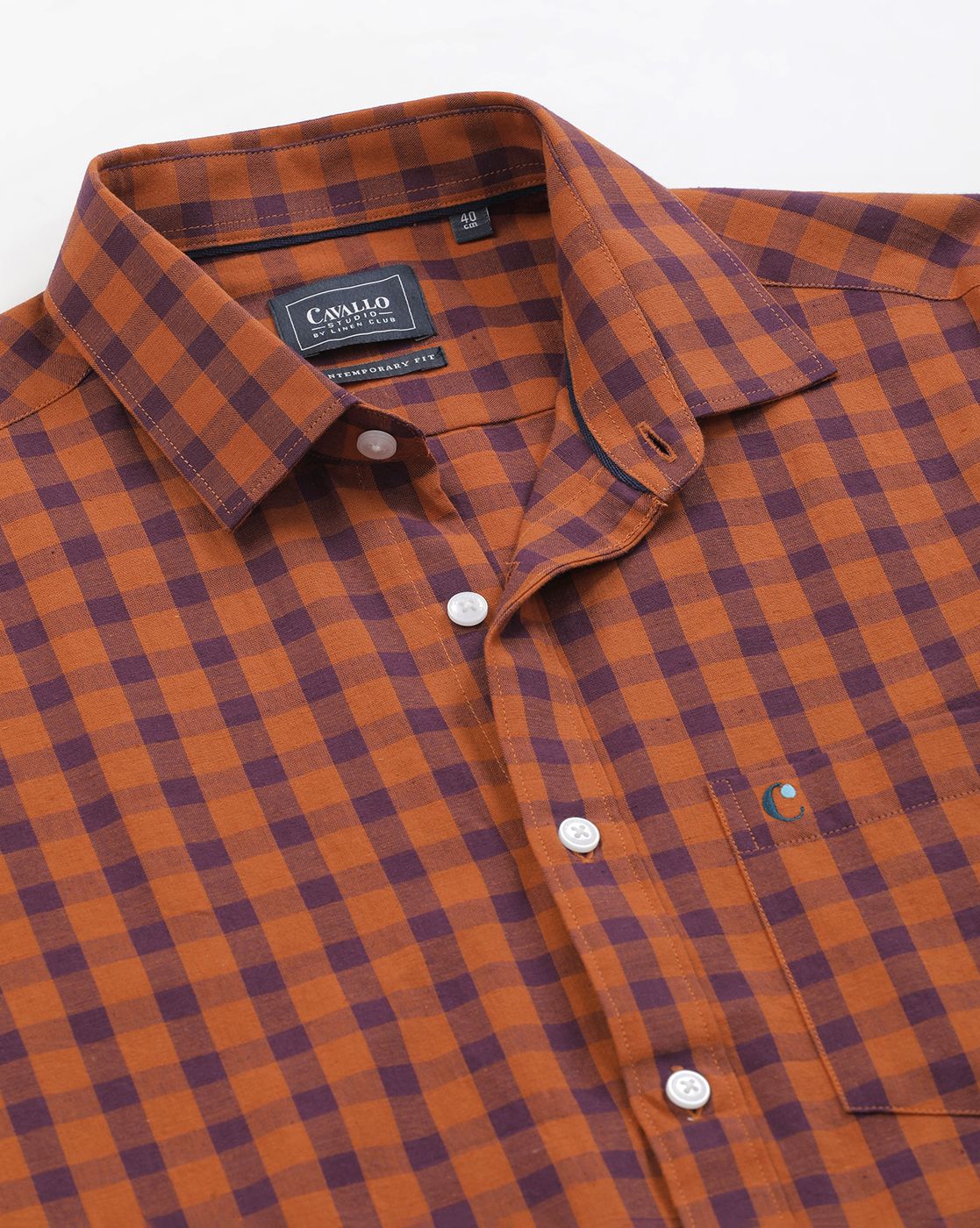 Men's Blended Linen Orange Checked Contemporary Fit Full Sleeve Sleeve Casual Shirt