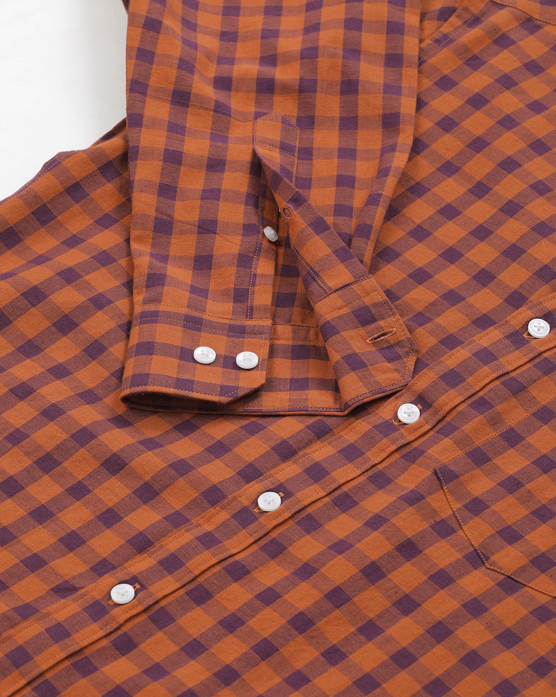 Men's Blended Linen Orange Checked Contemporary Fit Full Sleeve Sleeve Casual Shirt