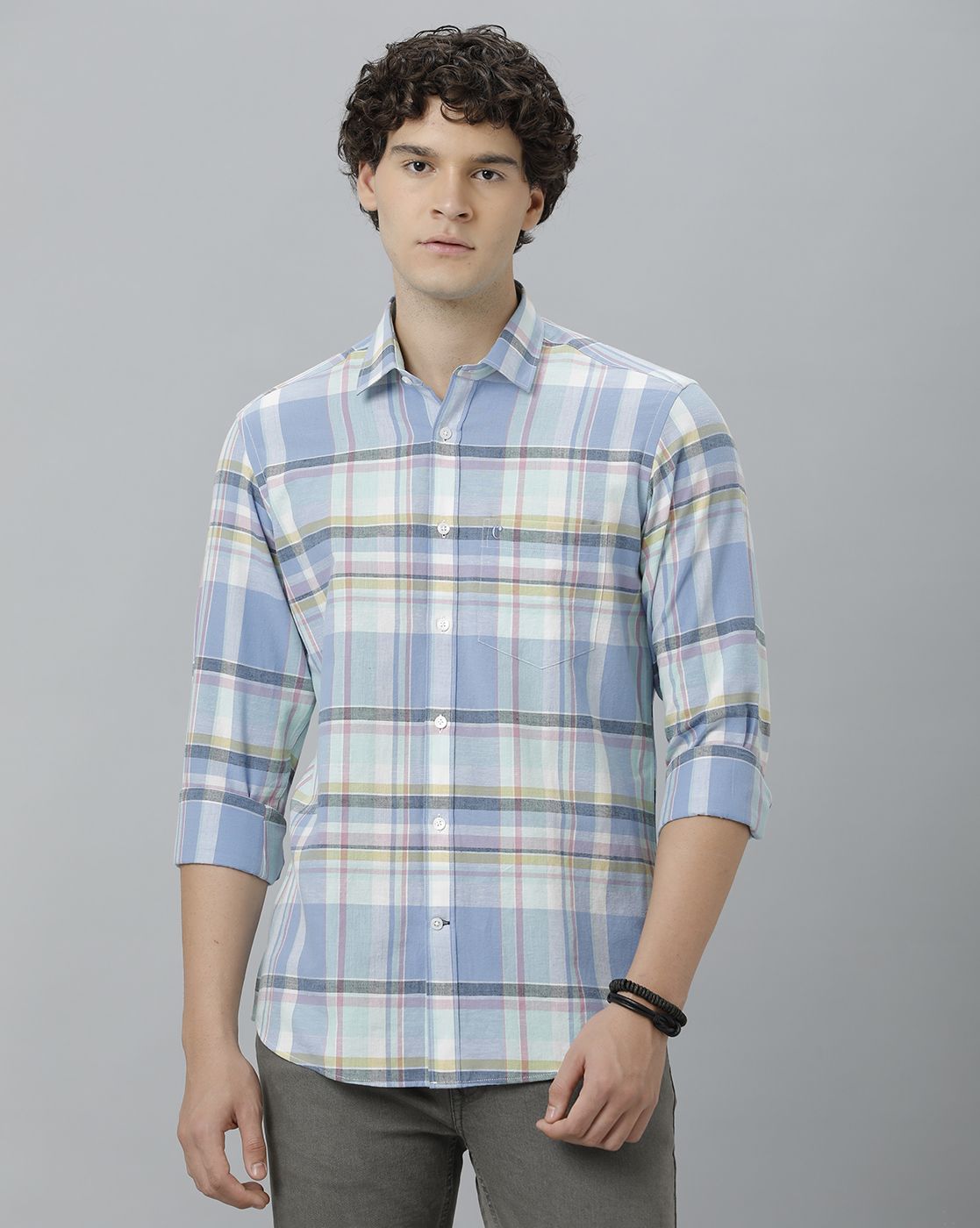 Men's Blended Linen Blue Checked Contemporary Fit Full Sleeve Sleeve Casual Shirt