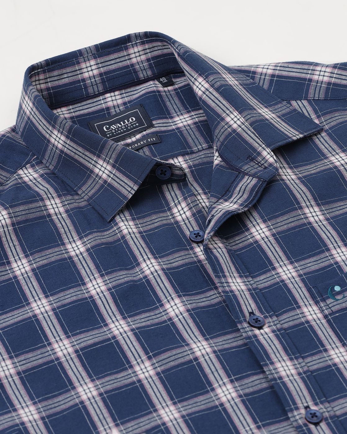 Men's Blended Linen Blue Checked Contemporary Fit Full Sleeve Casual Shirt