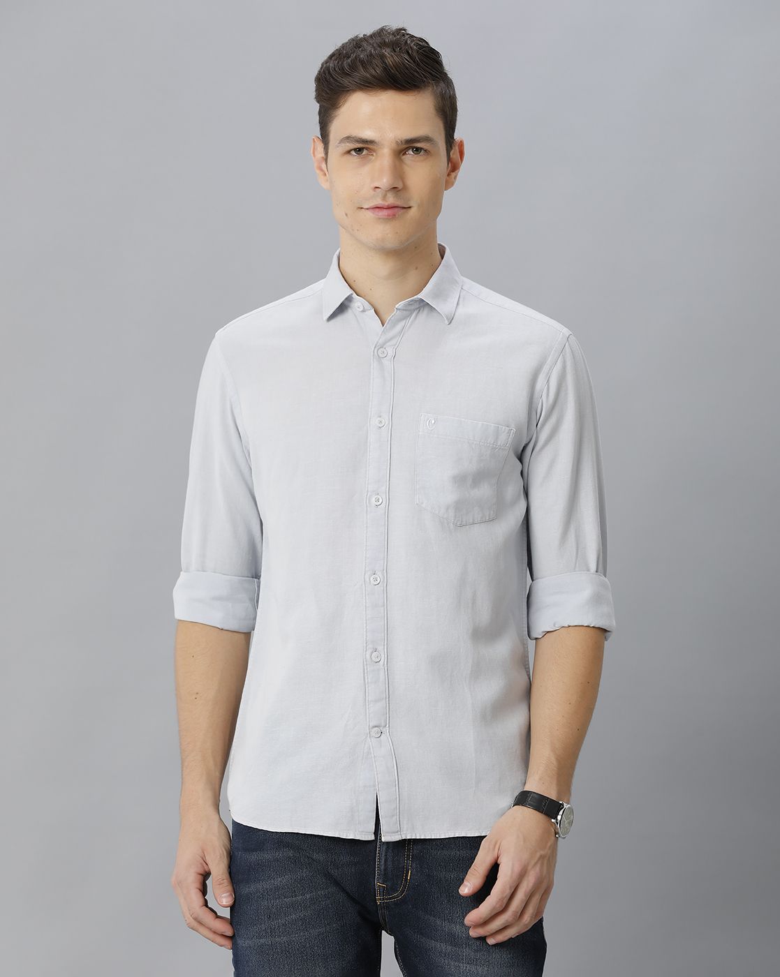 Men's Blended Linen Grey Solid Contemporary Fit Full Sleeve Casual Shirt