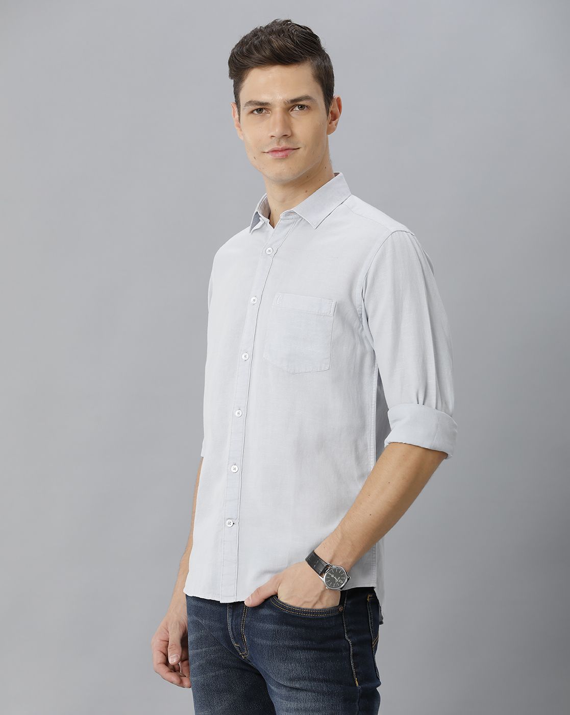 Men's Blended Linen Grey Solid Contemporary Fit Full Sleeve Casual Shirt