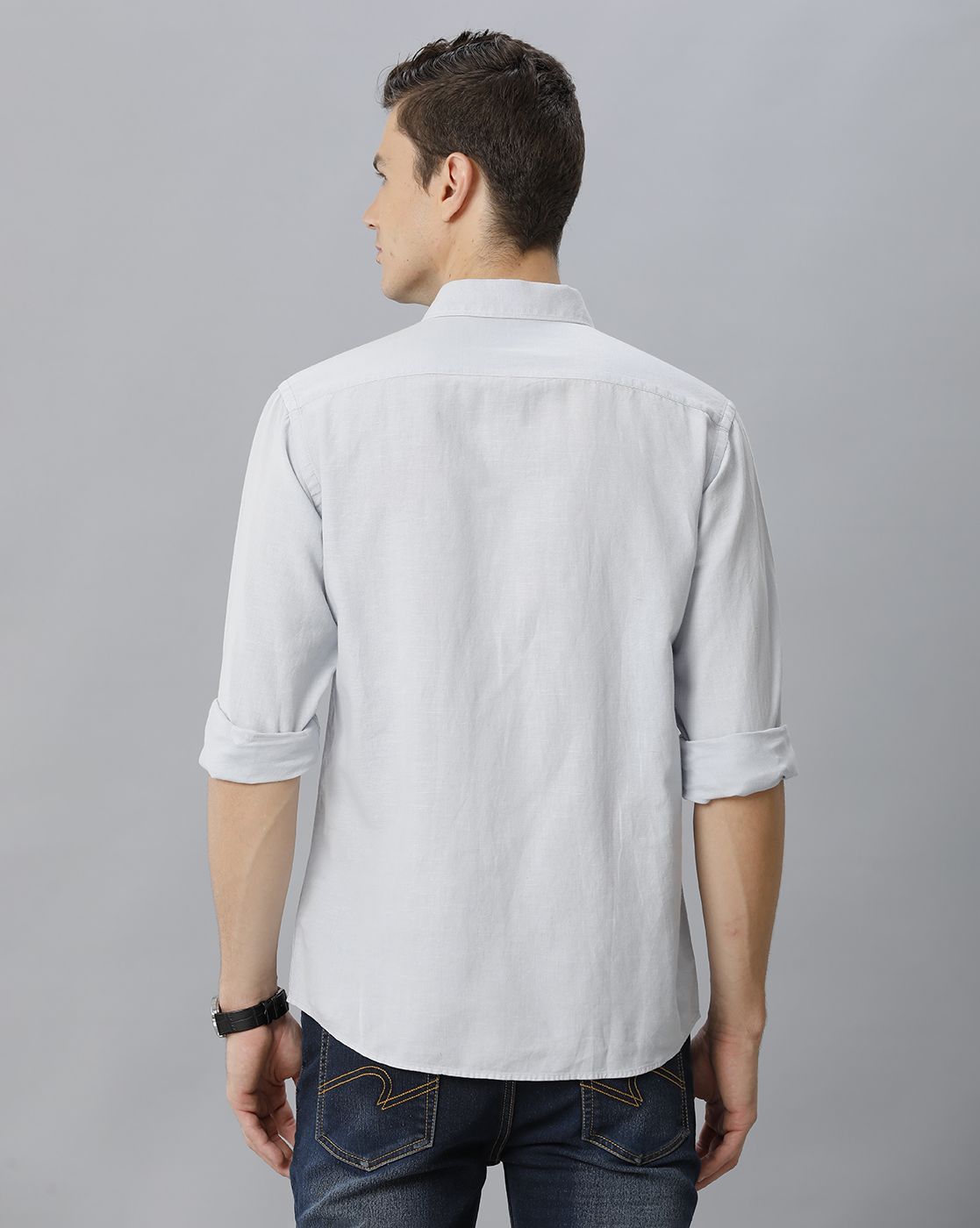Men's Blended Linen Grey Solid Contemporary Fit Full Sleeve Casual Shirt