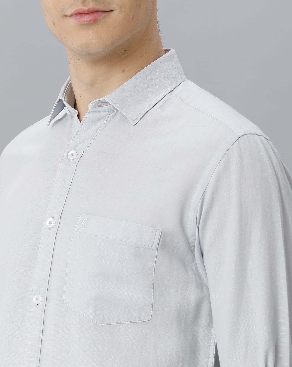 Men's Blended Linen Grey Solid Contemporary Fit Full Sleeve Casual Shirt