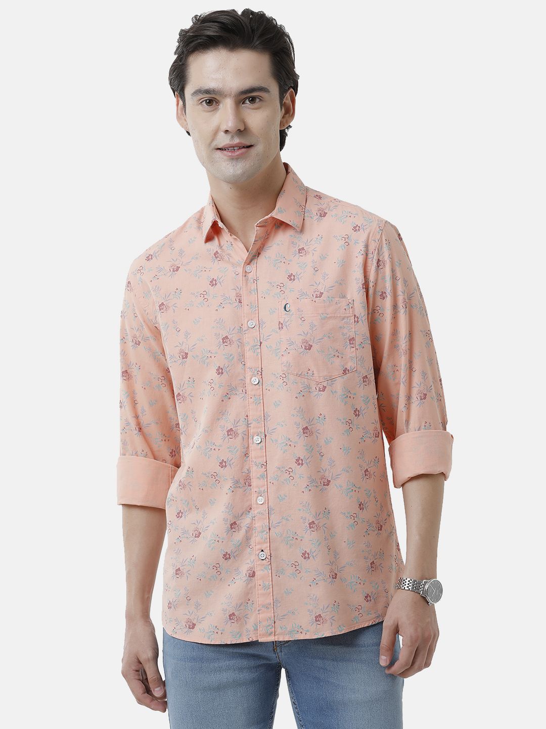 Men's Blended Linen Orange Printed Contemporary Fit Full Sleeve Sleeve Casual Shirt