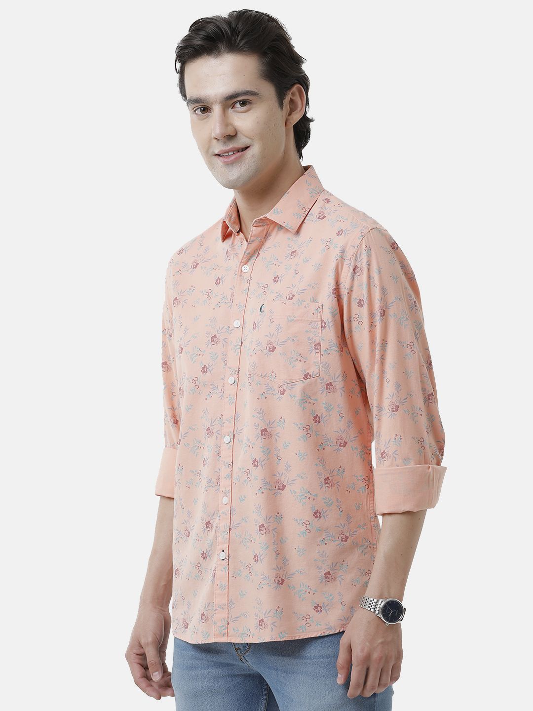 Men's Blended Linen Orange Printed Contemporary Fit Full Sleeve Sleeve Casual Shirt