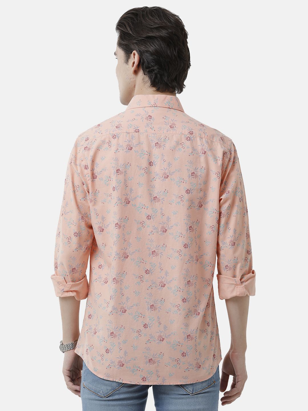 Men's Blended Linen Orange Printed Contemporary Fit Full Sleeve Sleeve Casual Shirt