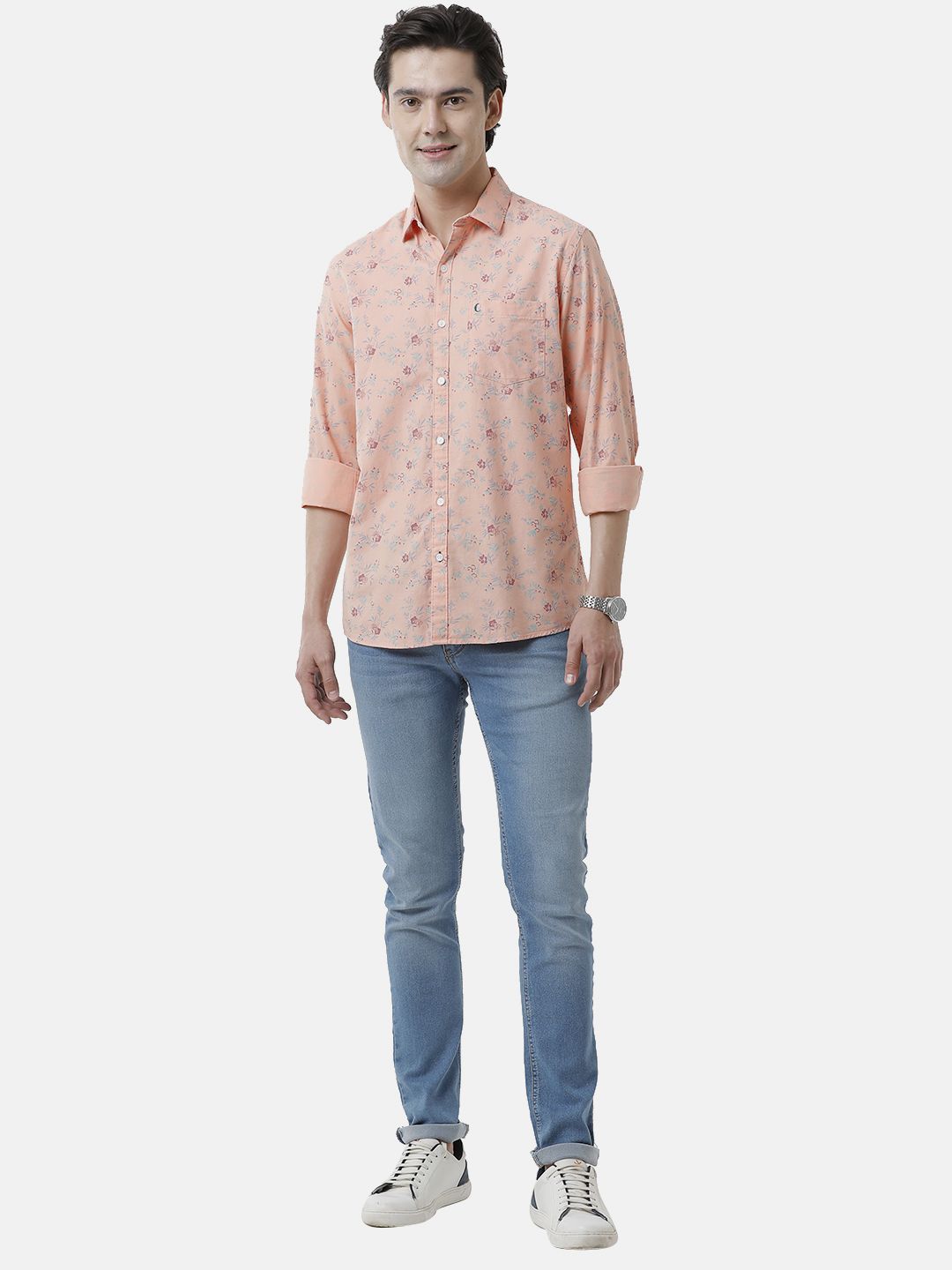 Men's Blended Linen Orange Printed Contemporary Fit Full Sleeve Sleeve Casual Shirt