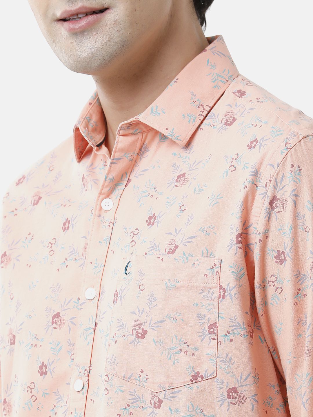 Men's Blended Linen Orange Printed Contemporary Fit Full Sleeve Sleeve Casual Shirt