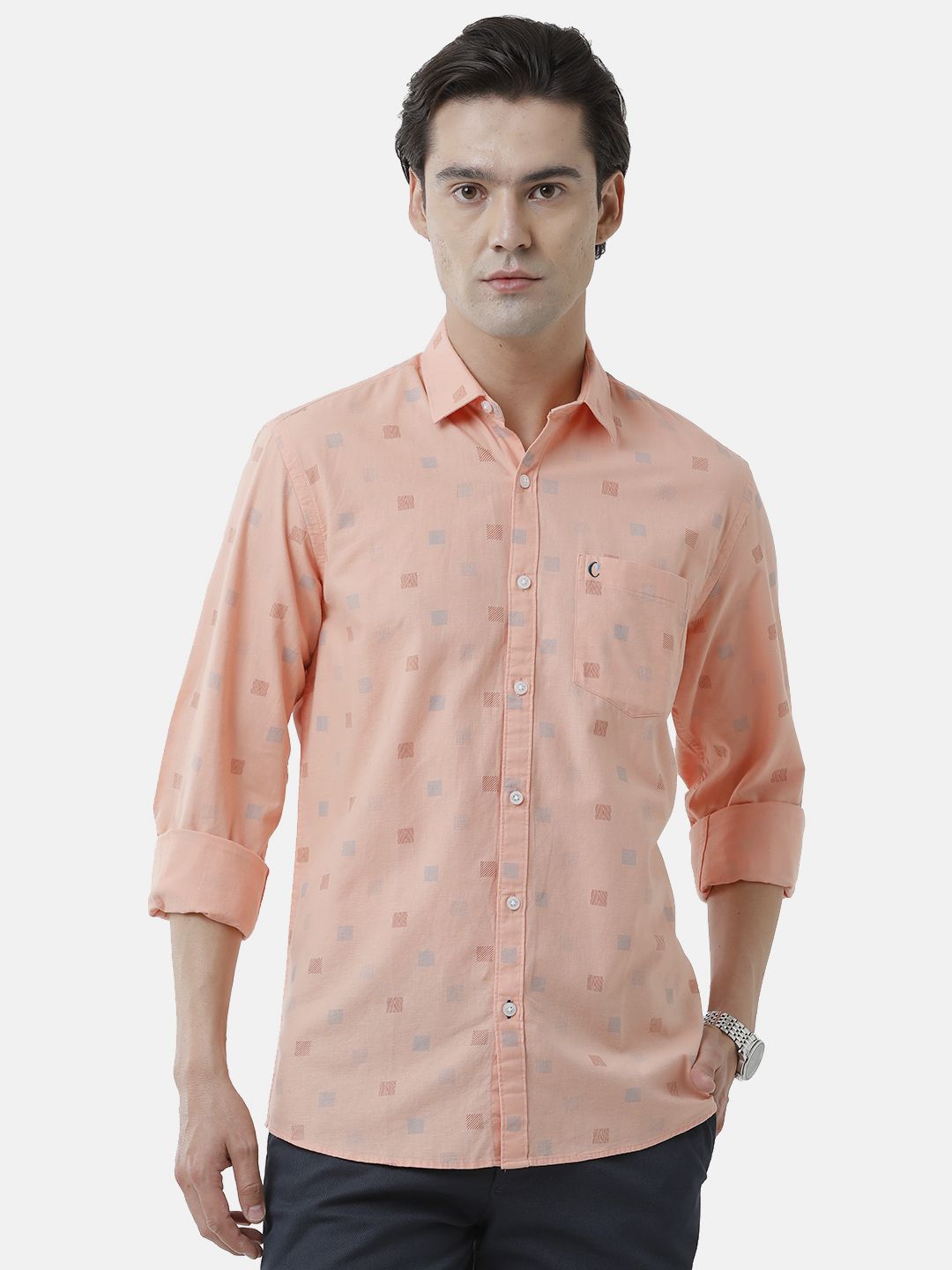 Men's Blended Linen Orange Printed Contemporary Fit Full Sleeve Sleeve Casual Shirt