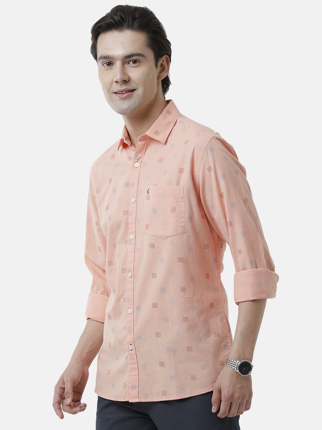 Men's Blended Linen Orange Printed Contemporary Fit Full Sleeve Sleeve Casual Shirt
