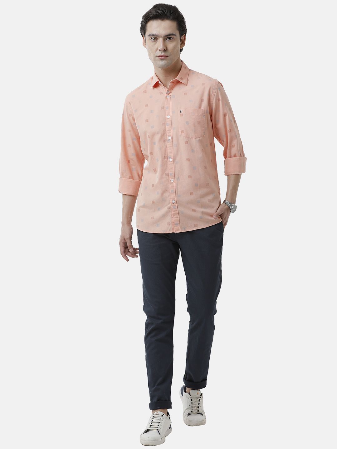 Men's Blended Linen Orange Printed Contemporary Fit Full Sleeve Sleeve Casual Shirt