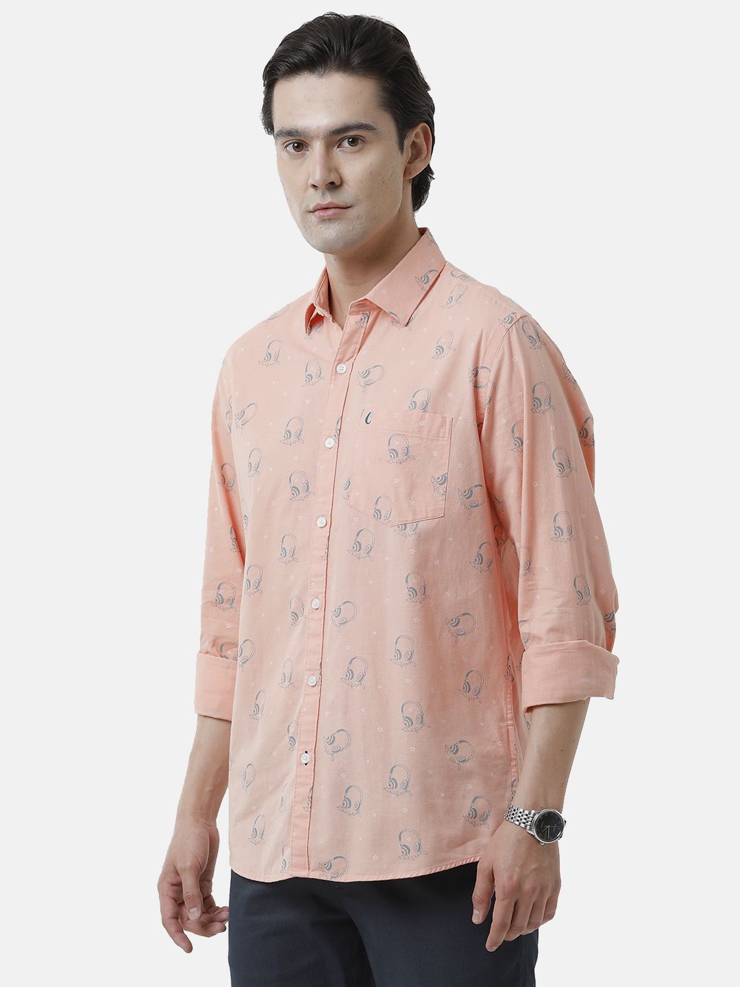 Men's Blended Linen Orange Printed Contemporary Fit Full Sleeve Sleeve Casual Shirt