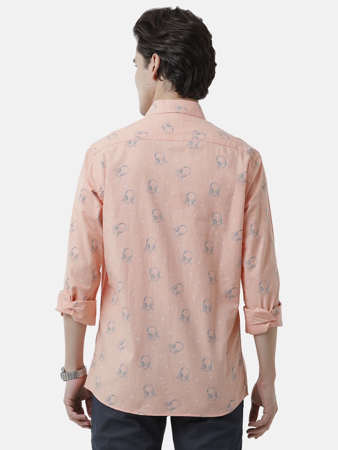 Men's Blended Linen Orange Printed Contemporary Fit Full Sleeve Sleeve Casual Shirt