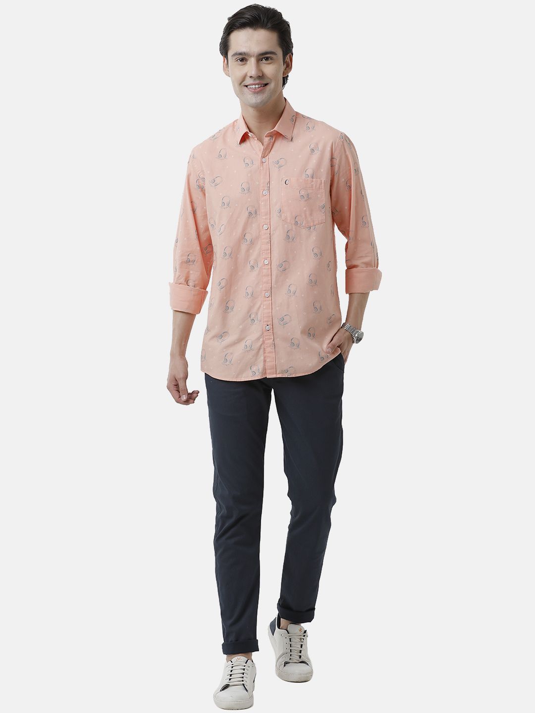 Men's Blended Linen Orange Printed Contemporary Fit Full Sleeve Sleeve Casual Shirt