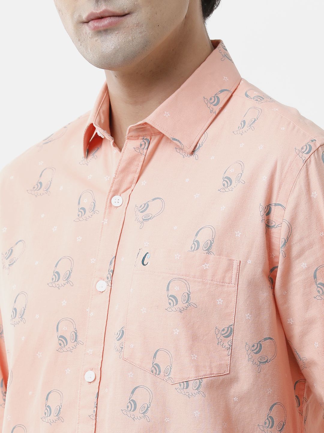 Men's Blended Linen Orange Printed Contemporary Fit Full Sleeve Sleeve Casual Shirt