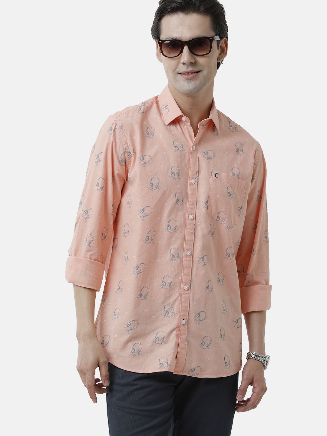 Men's Blended Linen Orange Printed Contemporary Fit Full Sleeve Sleeve Casual Shirt