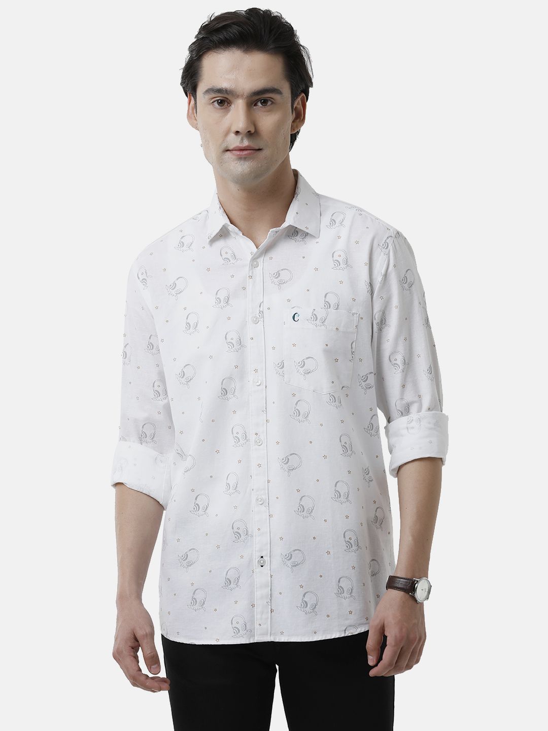 Men's Blended Linen White Printed Contemporary Fit Full Sleeve Sleeve Casual Shirt