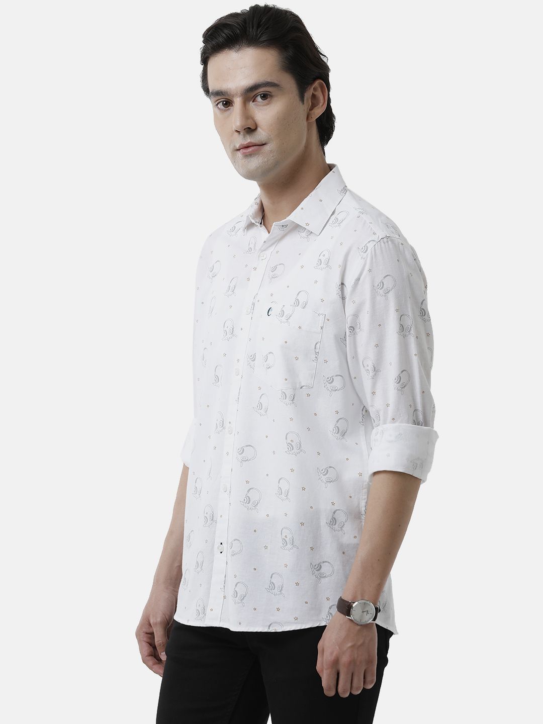 Men's Blended Linen White Printed Contemporary Fit Full Sleeve Sleeve Casual Shirt