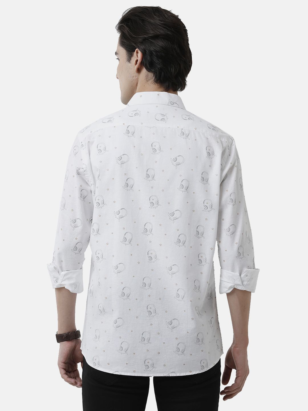 Men's Blended Linen White Printed Contemporary Fit Full Sleeve Sleeve Casual Shirt