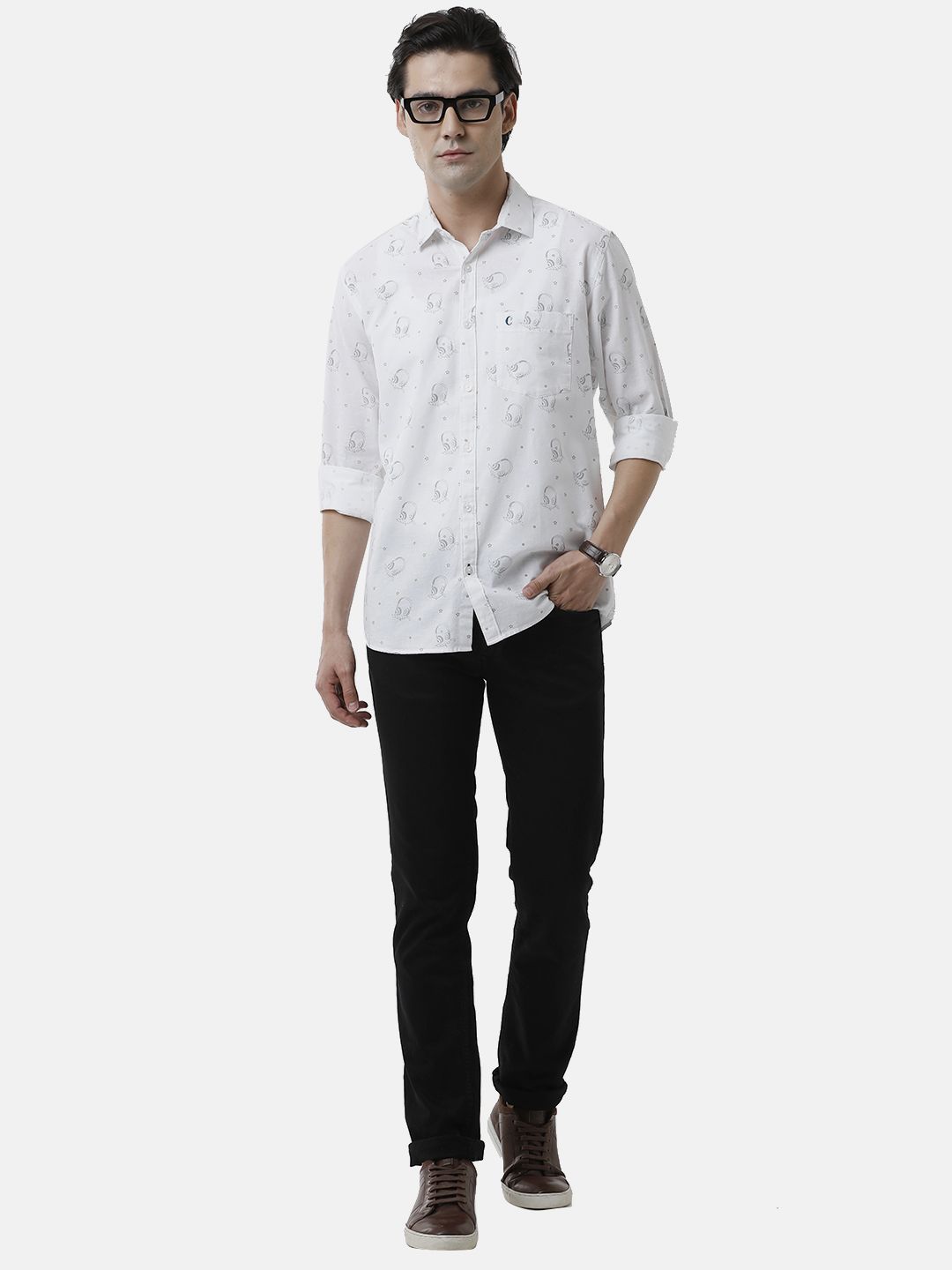 Men's Blended Linen White Printed Contemporary Fit Full Sleeve Sleeve Casual Shirt