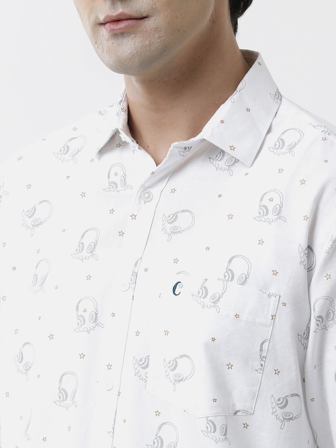Men's Blended Linen White Printed Contemporary Fit Full Sleeve Sleeve Casual Shirt
