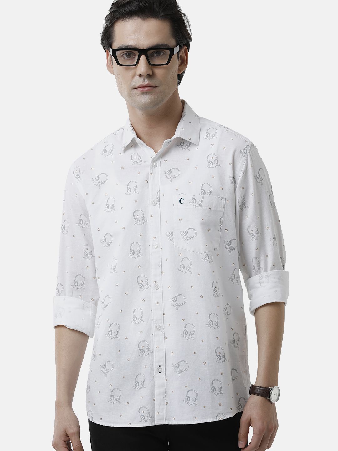 Men's Blended Linen White Printed Contemporary Fit Full Sleeve Sleeve Casual Shirt