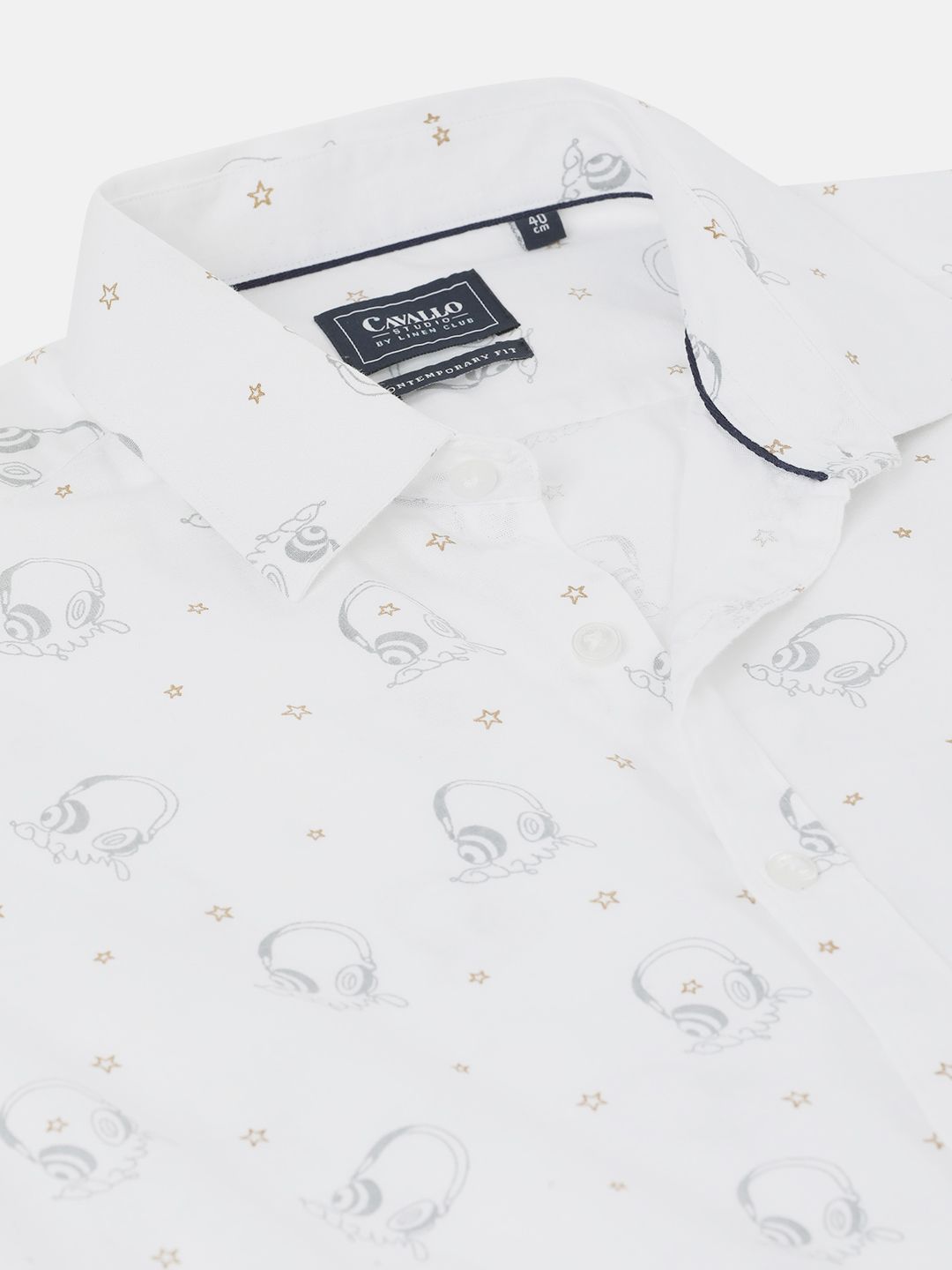 Men's Blended Linen White Printed Contemporary Fit Full Sleeve Sleeve Casual Shirt
