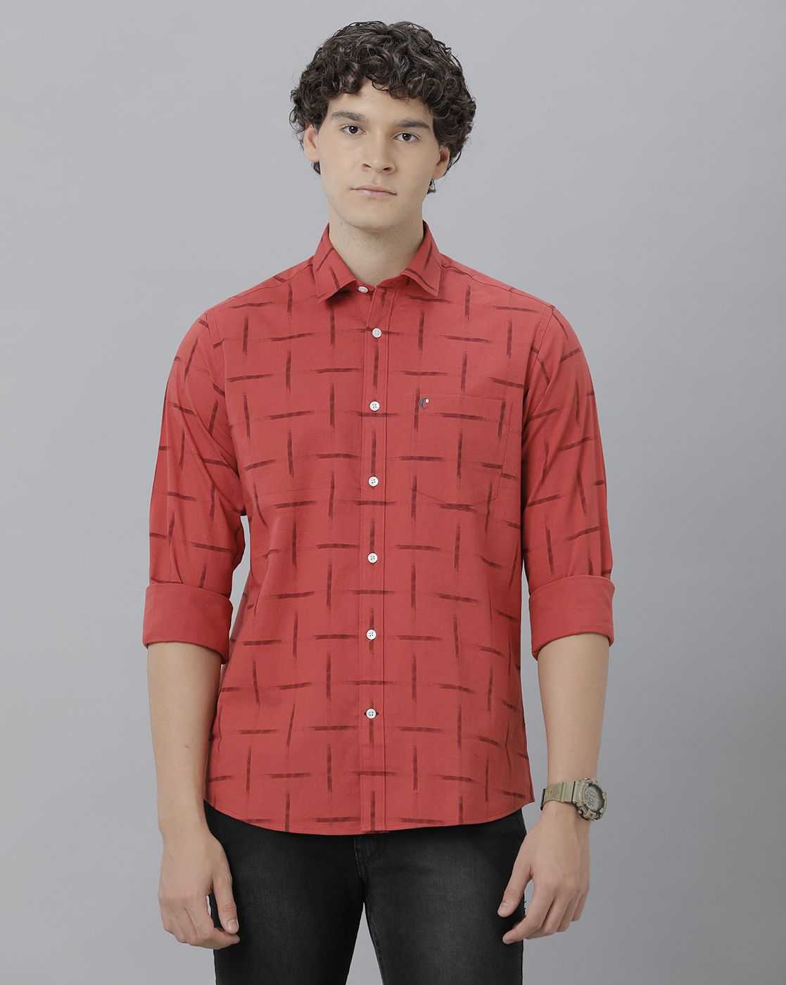 Men's Blended Linen Red Printed Contemporary Fit Full Sleeve Sleeve Casual Shirt
