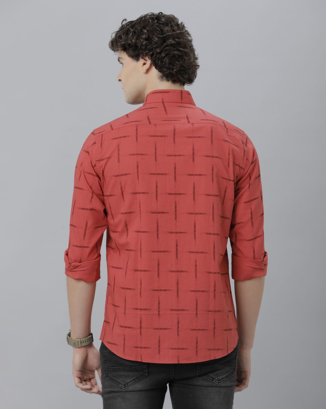 Men's Blended Linen Red Printed Contemporary Fit Full Sleeve Sleeve Casual Shirt