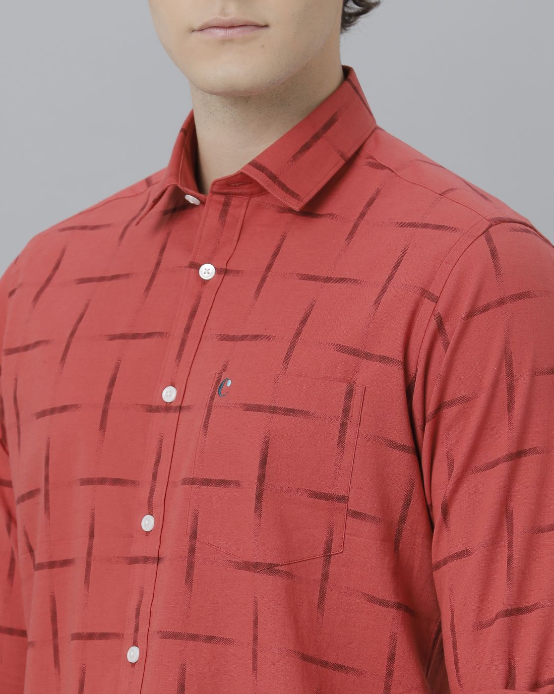 Men's Blended Linen Red Printed Contemporary Fit Full Sleeve Sleeve Casual Shirt