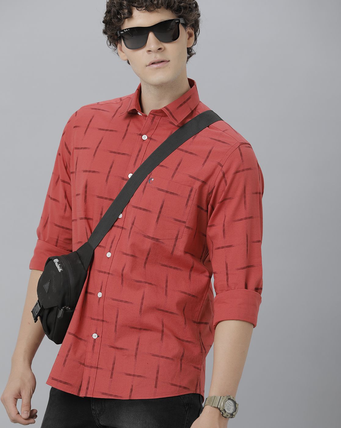 Men's Blended Linen Red Printed Contemporary Fit Full Sleeve Sleeve Casual Shirt
