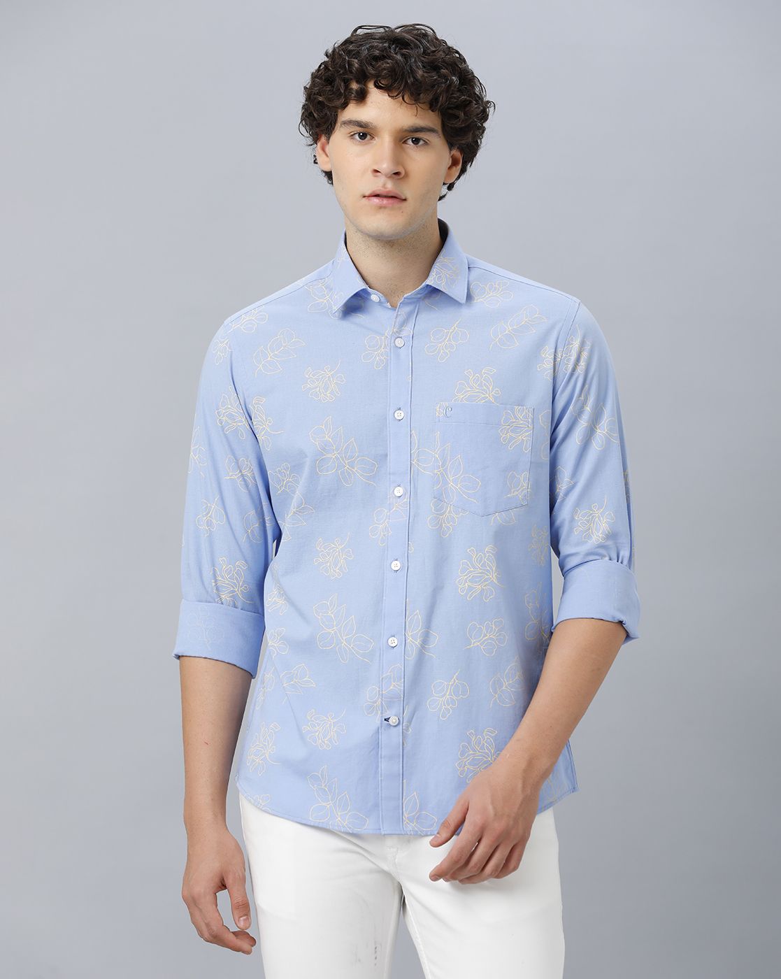 Men's Blended Linen Blue Printed Contemporary Fit Full Sleeve Sleeve Casual Shirt