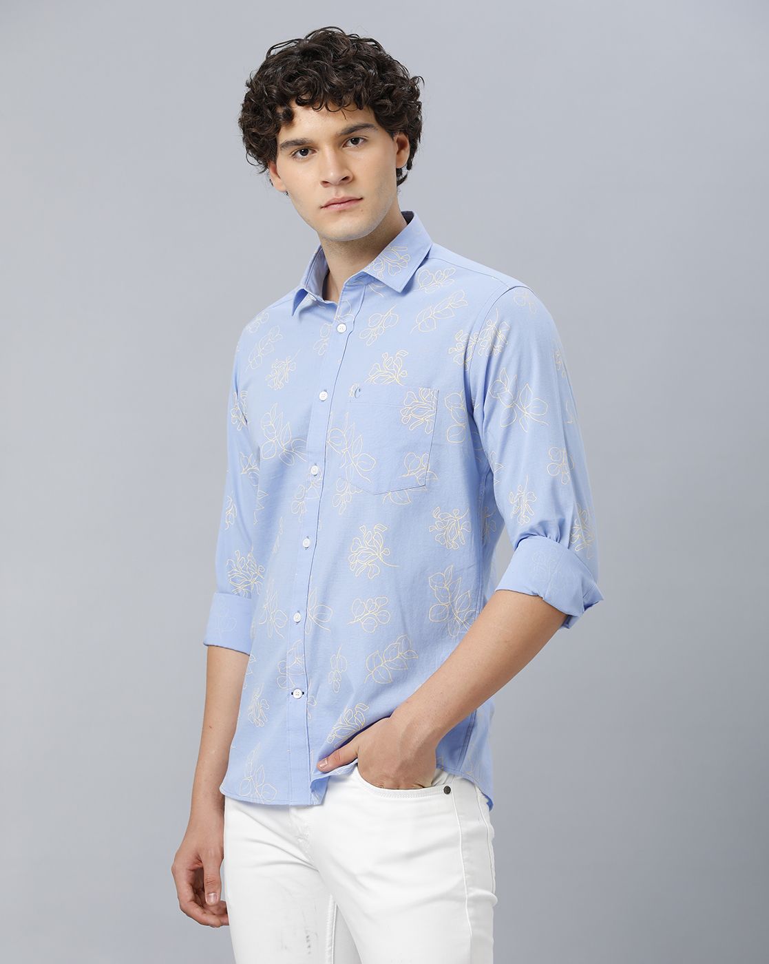 Men's Blended Linen Blue Printed Contemporary Fit Full Sleeve Sleeve Casual Shirt