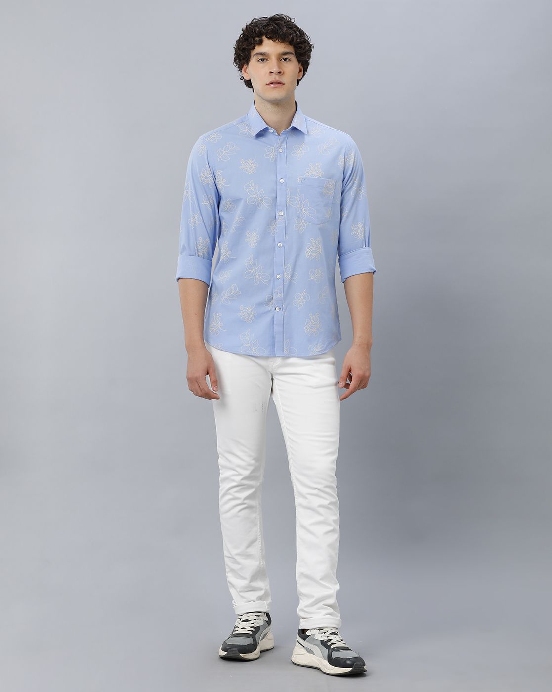 Men's Blended Linen Blue Printed Contemporary Fit Full Sleeve Sleeve Casual Shirt