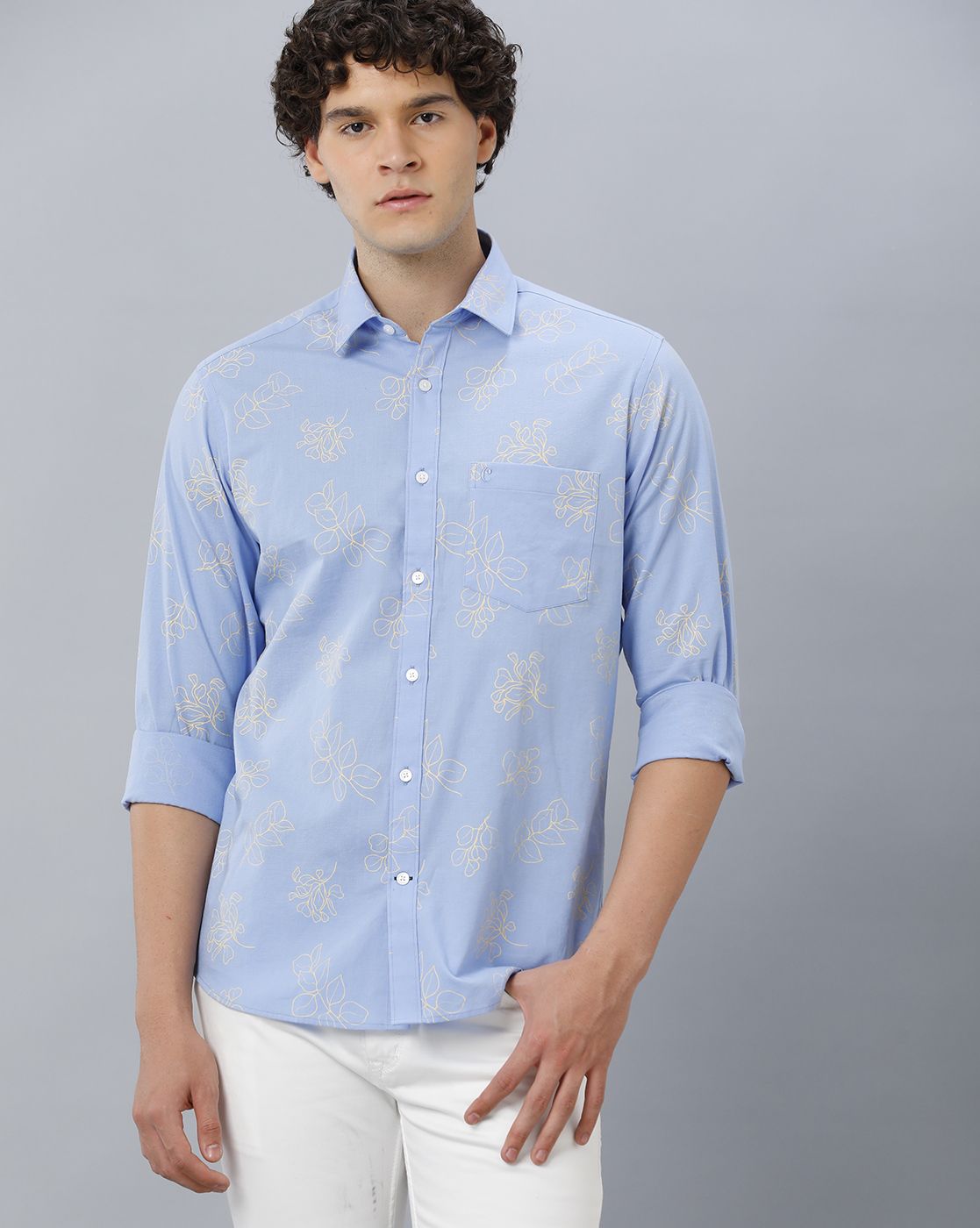 Men's Blended Linen Blue Printed Contemporary Fit Full Sleeve Sleeve Casual Shirt